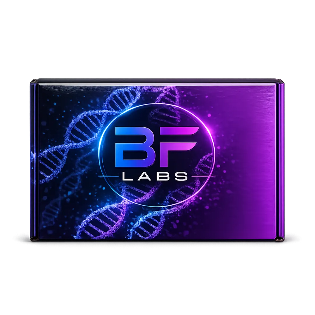 Laptop displaying the BF Labs logo over a DNA helix background