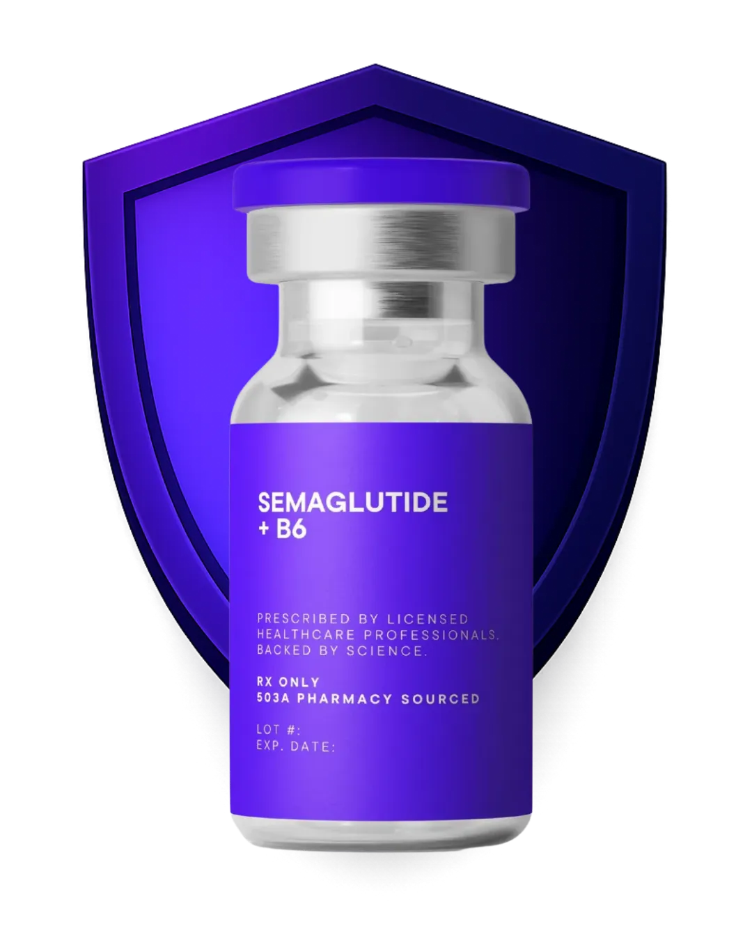 Shield icon paired with a Semaglutide + B6 vial, representing product safety