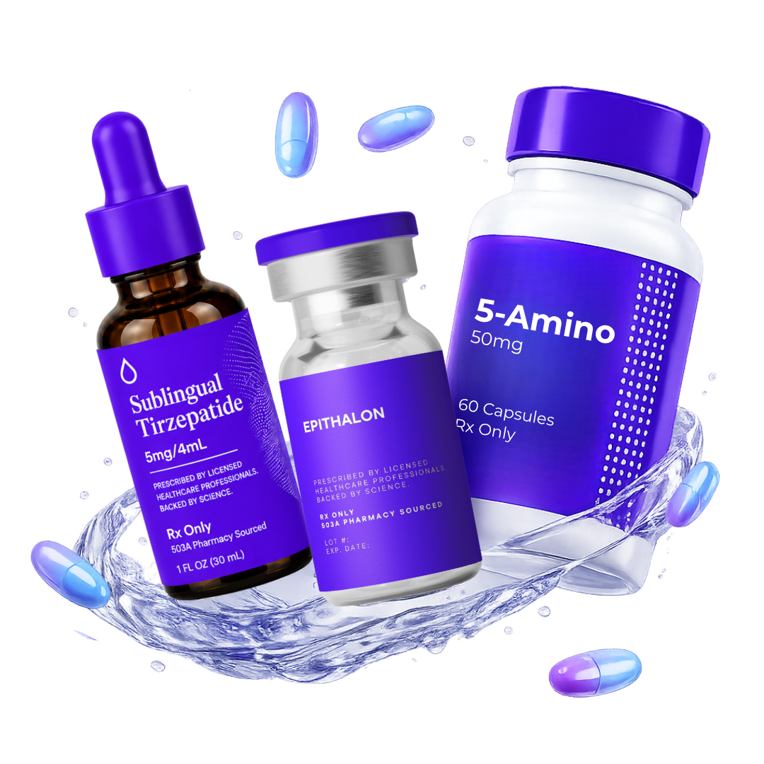 Sublingual dropper bottle beside a 5-Amino vial