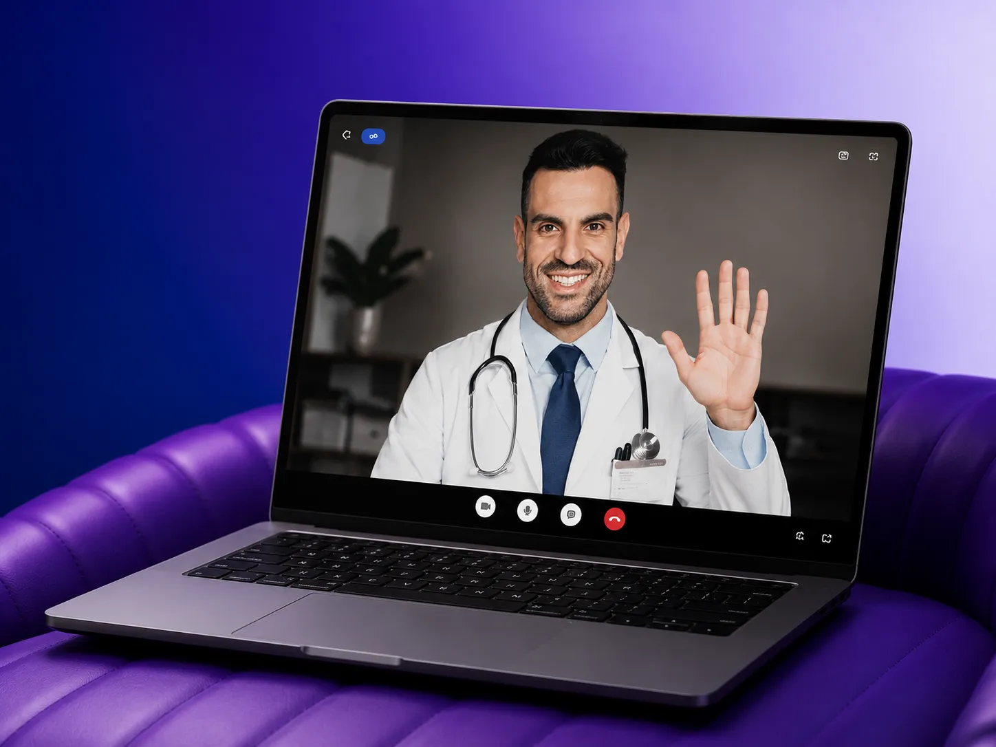 Physician waving during a video telehealth call, thumbnail view